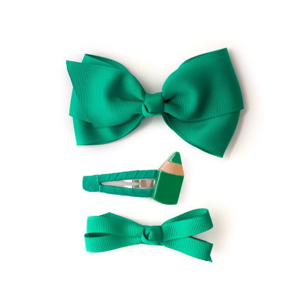 Pencil and Fabric Bows Green Hair Clips -BTS