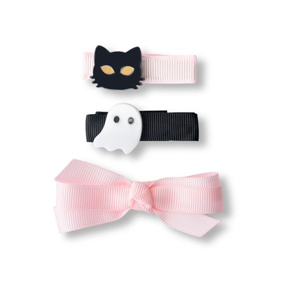 Cat Ghost and Fabric Bow Pink Little Hair Clips -HAL
