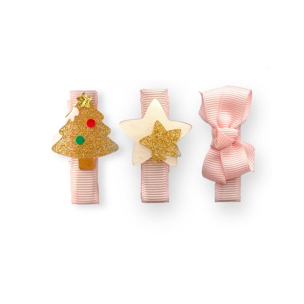 Little Tree Star Glitter Gold and Fabric Bow Hair Clips -HOL - Lilies & Roses NY