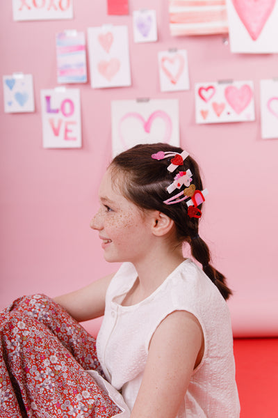 Hearts Glitter Gold Pink Red Fabric Covered Snap Clips -VAL