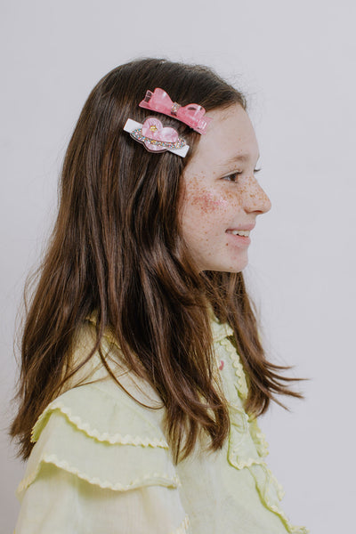 Heart Planet with Bow Pearlized Pink Hair Clips -VAL