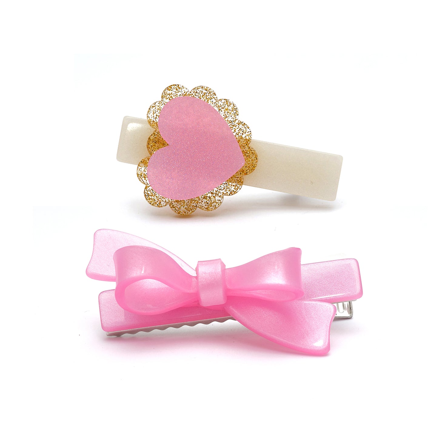 VAL25 - Heart Sweetheart and Bow Pink Satin Hair Clips