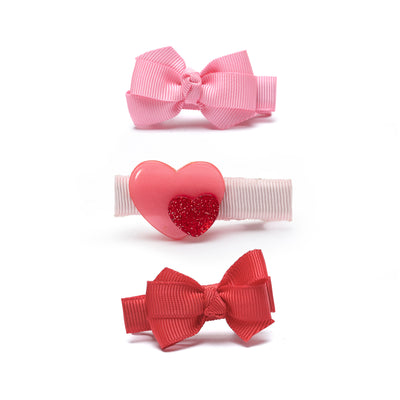 Little Heart Double & Fabric Bow Red Pink Hair Clips -VAL