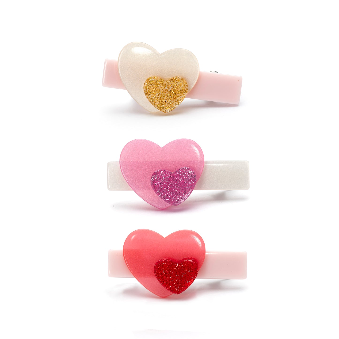 Hearts Double Red Pink Pearl Hair Clips -VAL