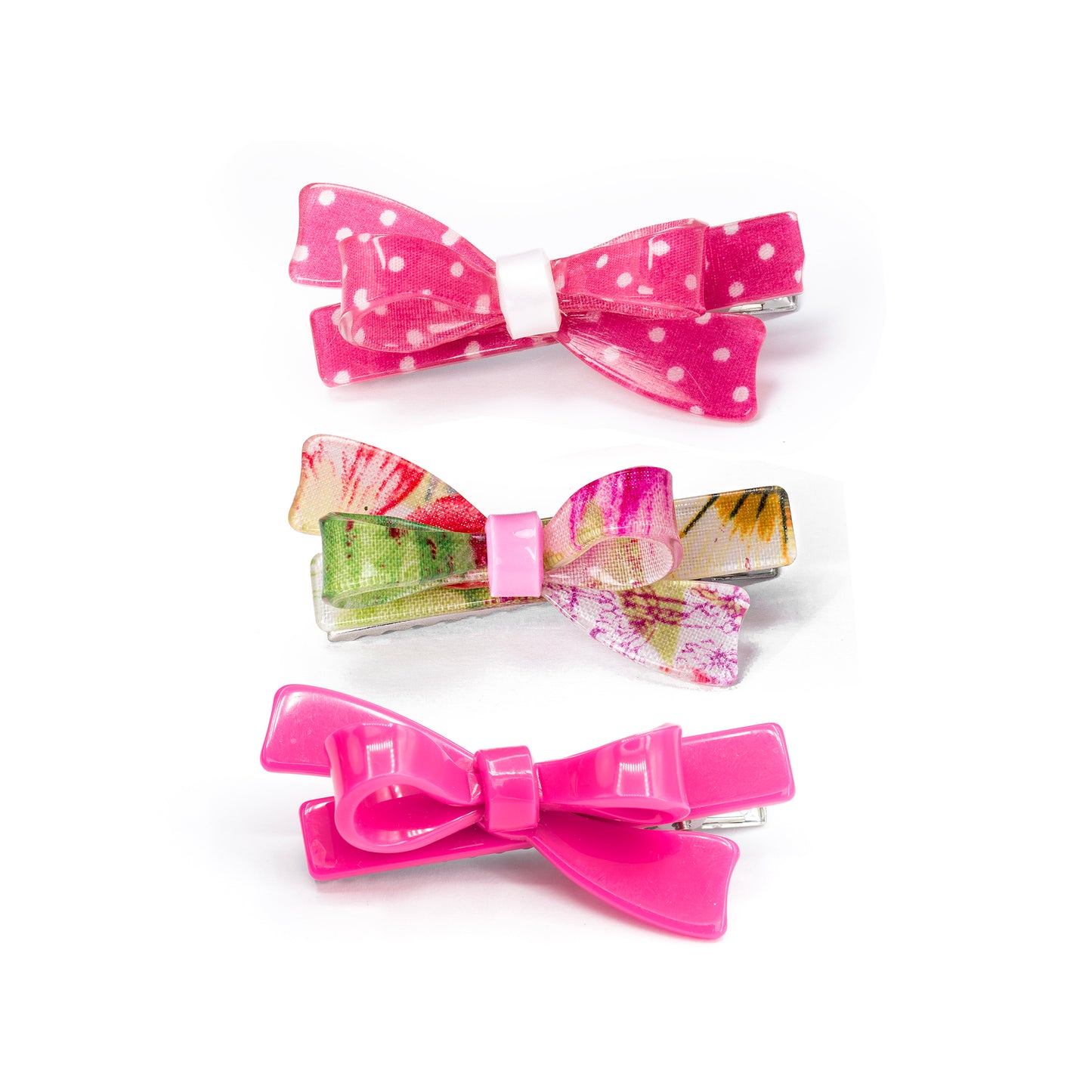 SUM25 - Bows Fabric Pink White Hair Clips