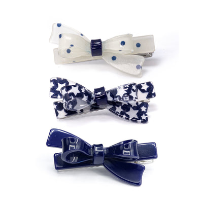 Bows Fabric White Navy Hair Clips