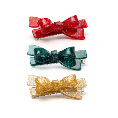 Bows Glitter Green Gold and Red Hair Clips - Lilies & Roses NY