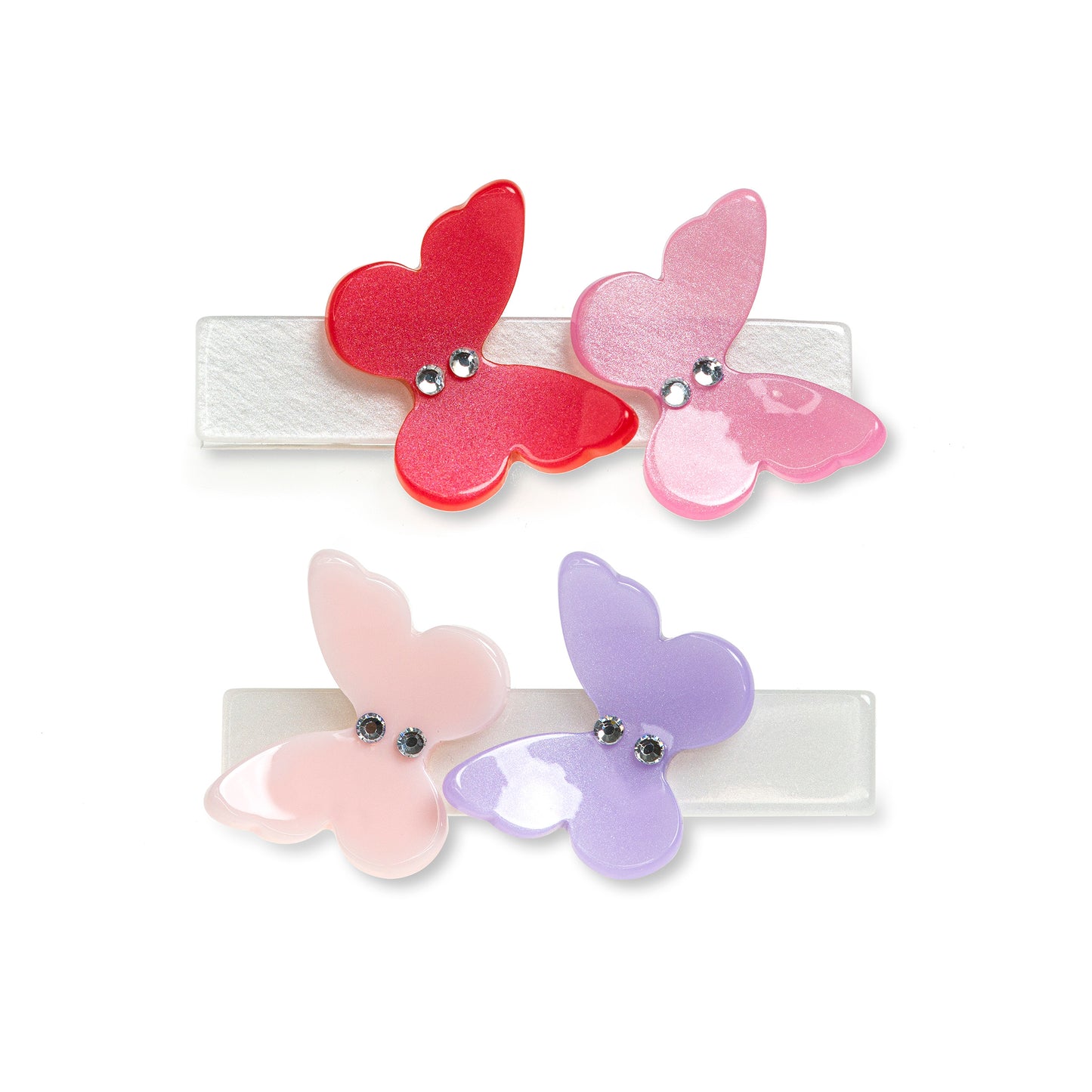Pair of hair clips adorned with two butterflies each.