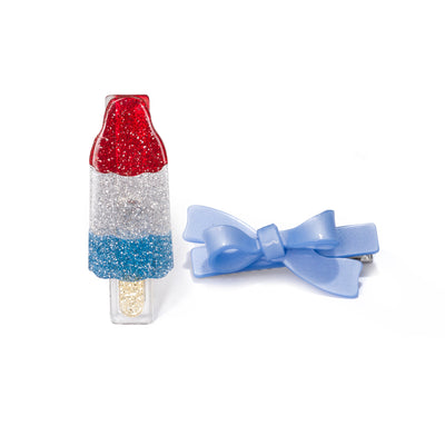 Popsicle Rocket Glitter Blue Satin Bow Hair Clips