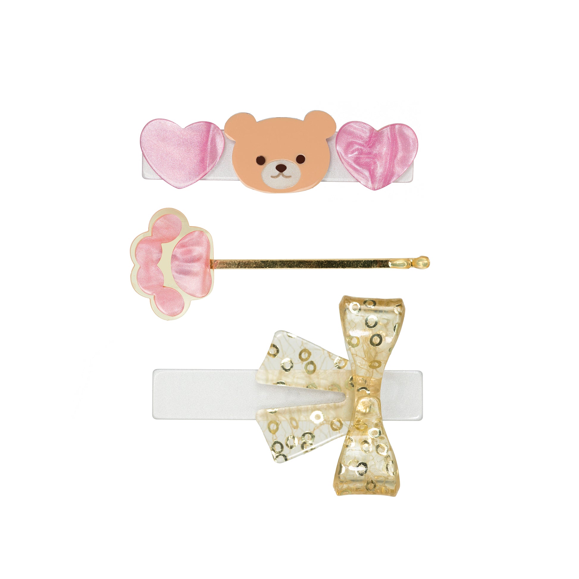 Bear Hearts Pink & Bow Hair Clips Set -VAL24