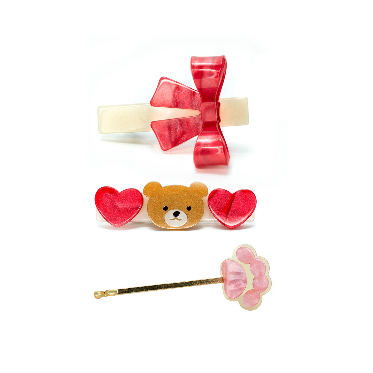 Bear Hearts Red & Bow Hair Clips Set -VAL