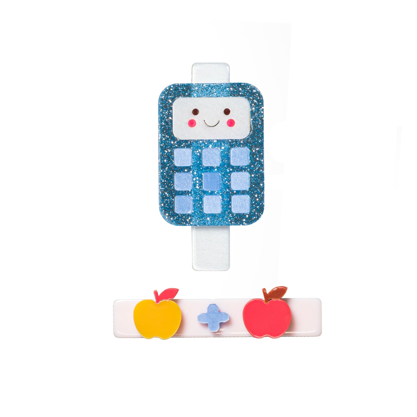 Calculator Glitter Blue Apples Hair Clips