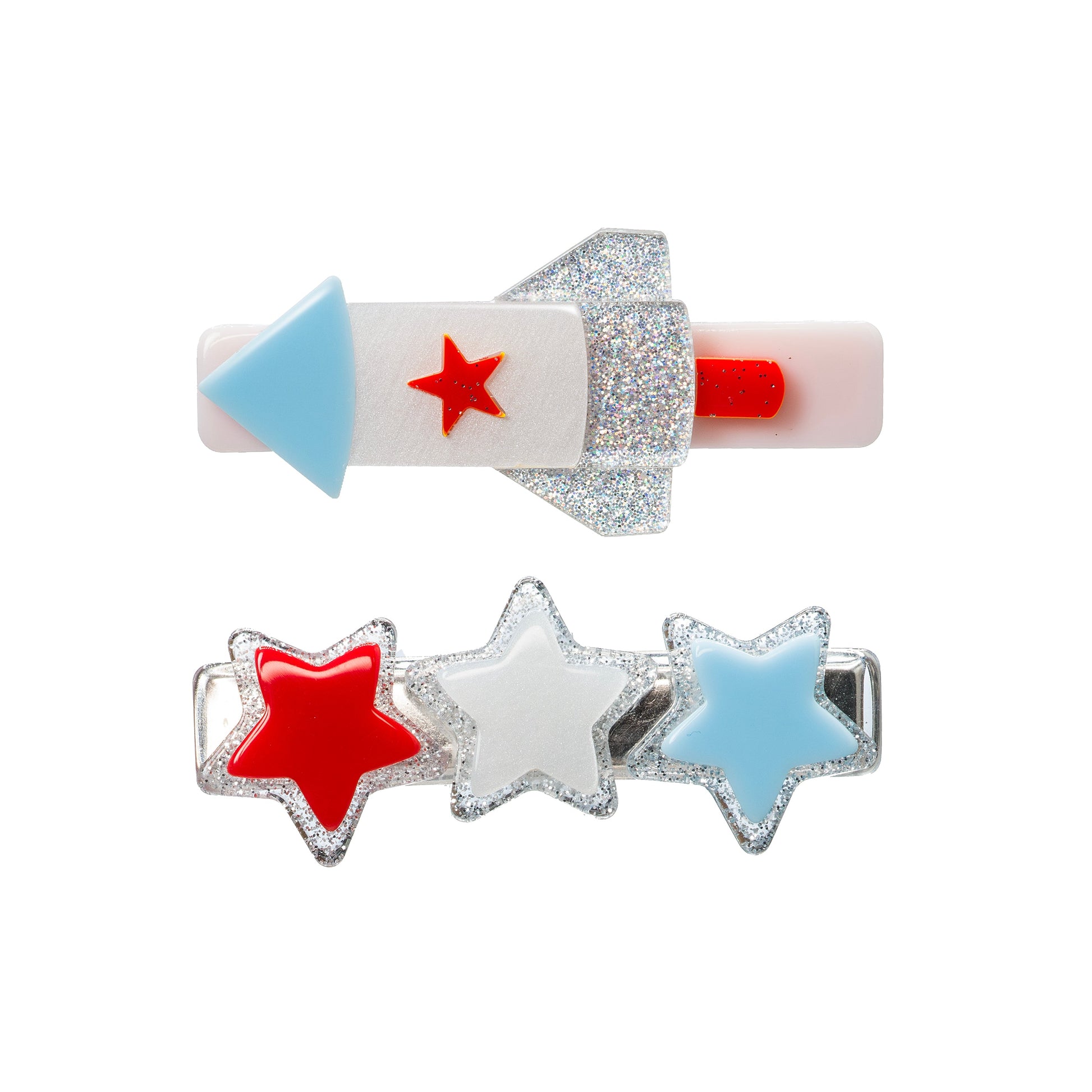 Rocket and Stars Blue White Red Hair Clips
