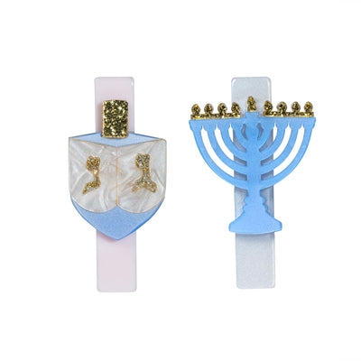 HOL25- Menorah Dreidel Blue Hair Clips