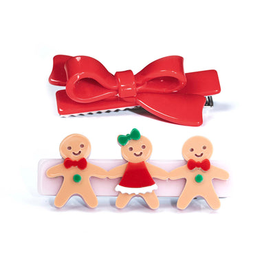 HOL25- Gingerbread Friends Red Bow Hair Clips