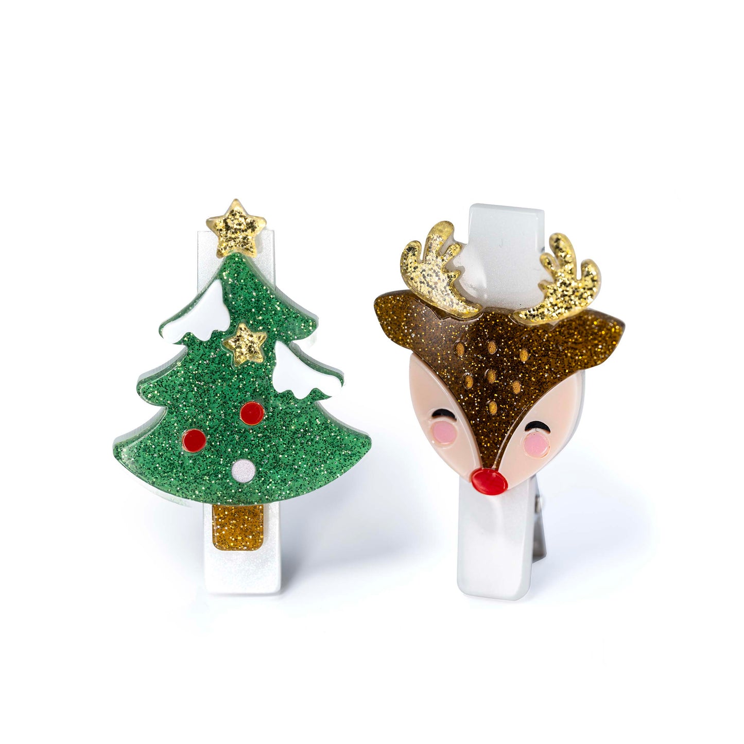 HOL25- Tree Reindeer Glitter Hair Clips