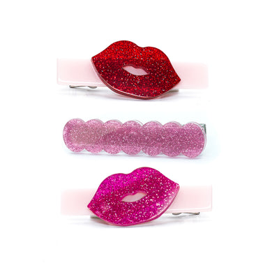 Lips Kisses Glitter Red Hair Clips -VAL