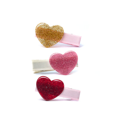 Little Hearts Glitter Fabric Bows Pink Hair Clips -VAL