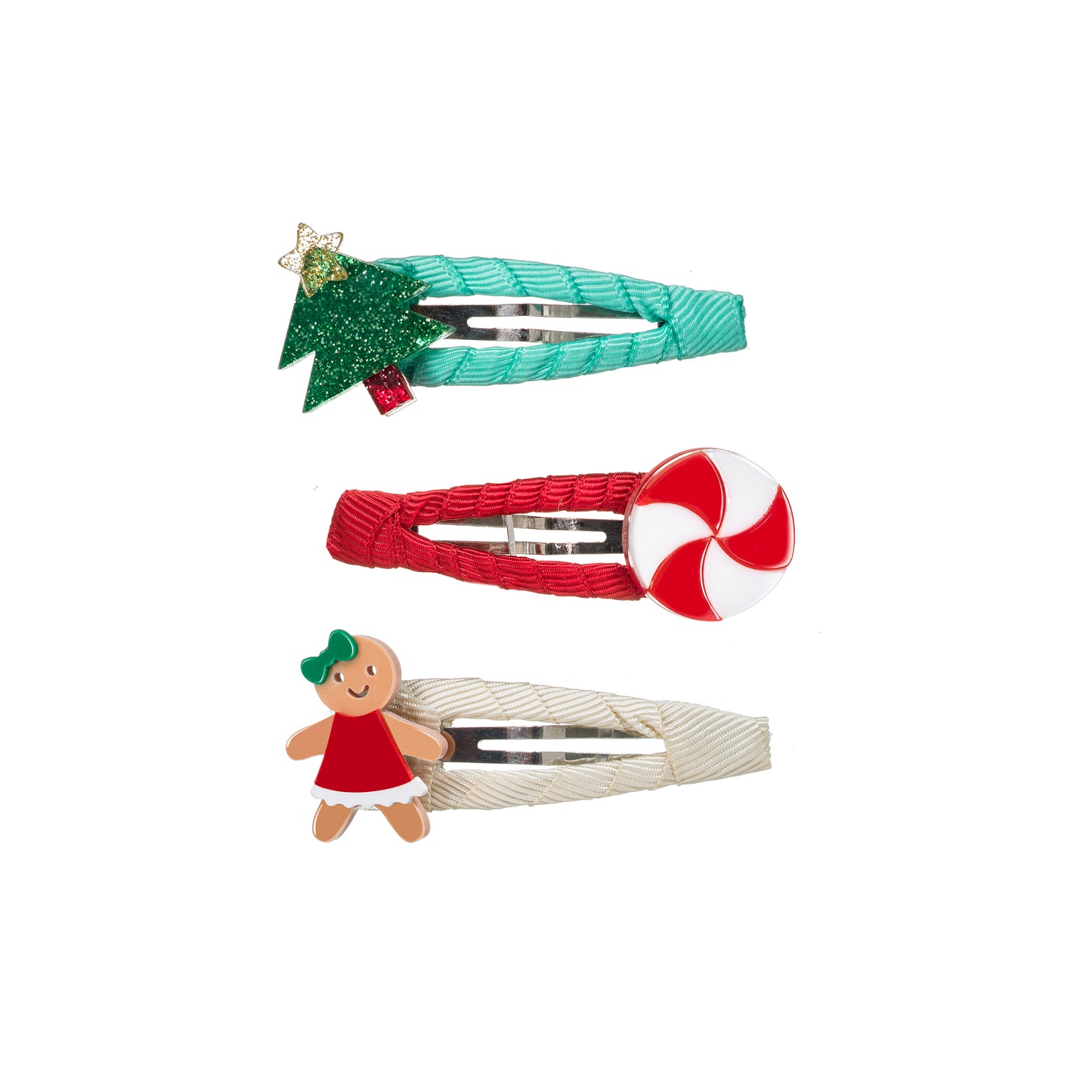 Set of three adorned snap clips. One has a Christmas tree, one has a twist candy and one with a gingerbread cookie.