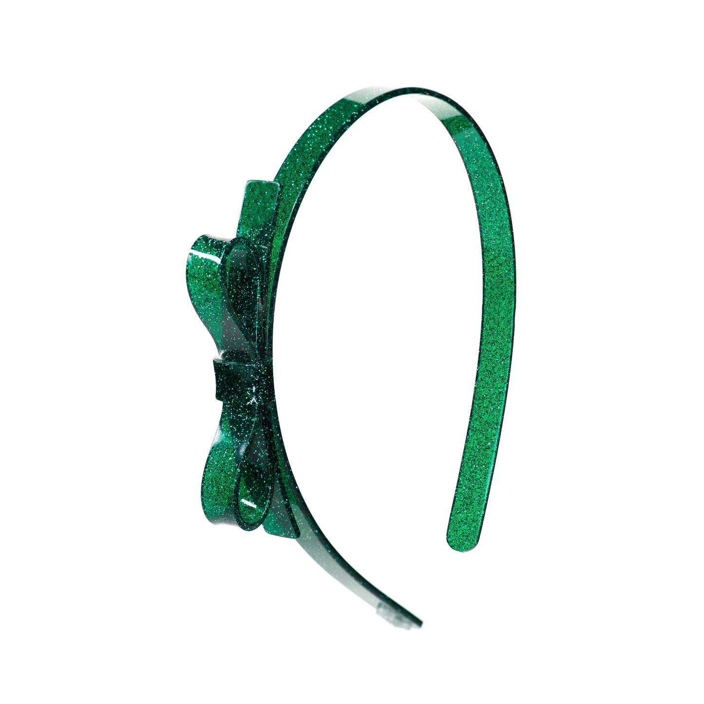 Acrylic headband adorned with a thin side bow. Green glitter.