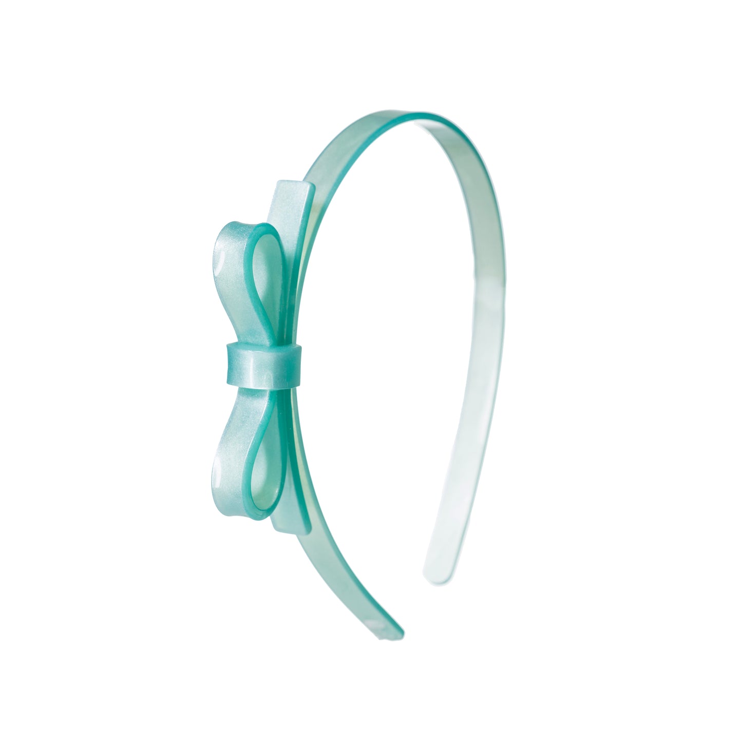 Acrylic headband adorned with a thin side bow. Mint pearly color.