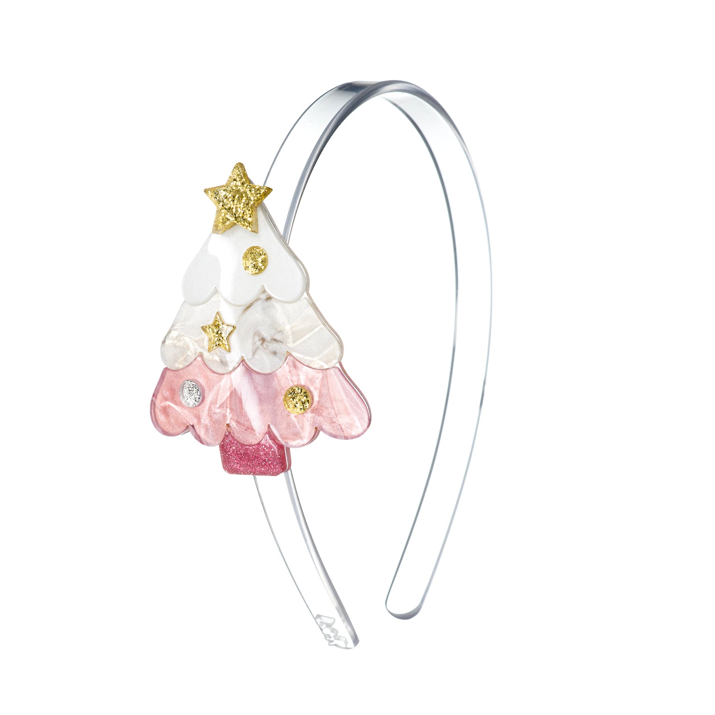 Clear acrylic headband adorned with a pink pearly Christmas tree with gold glitter decorations on the side.