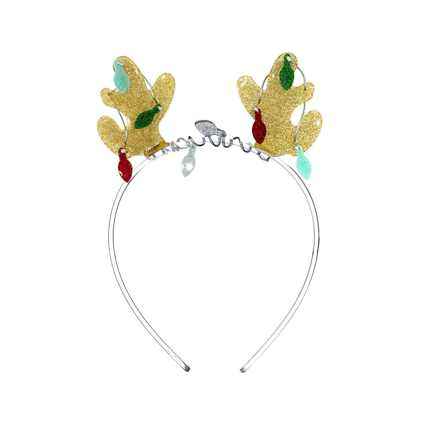 Clear acrylic headband with gold glitter reindeer antlers and Christmas light around them.