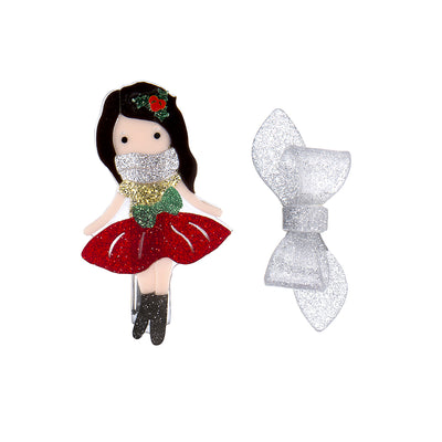 Santa's Helper Red Glitter with Silver Bow Hair Clips -HOL