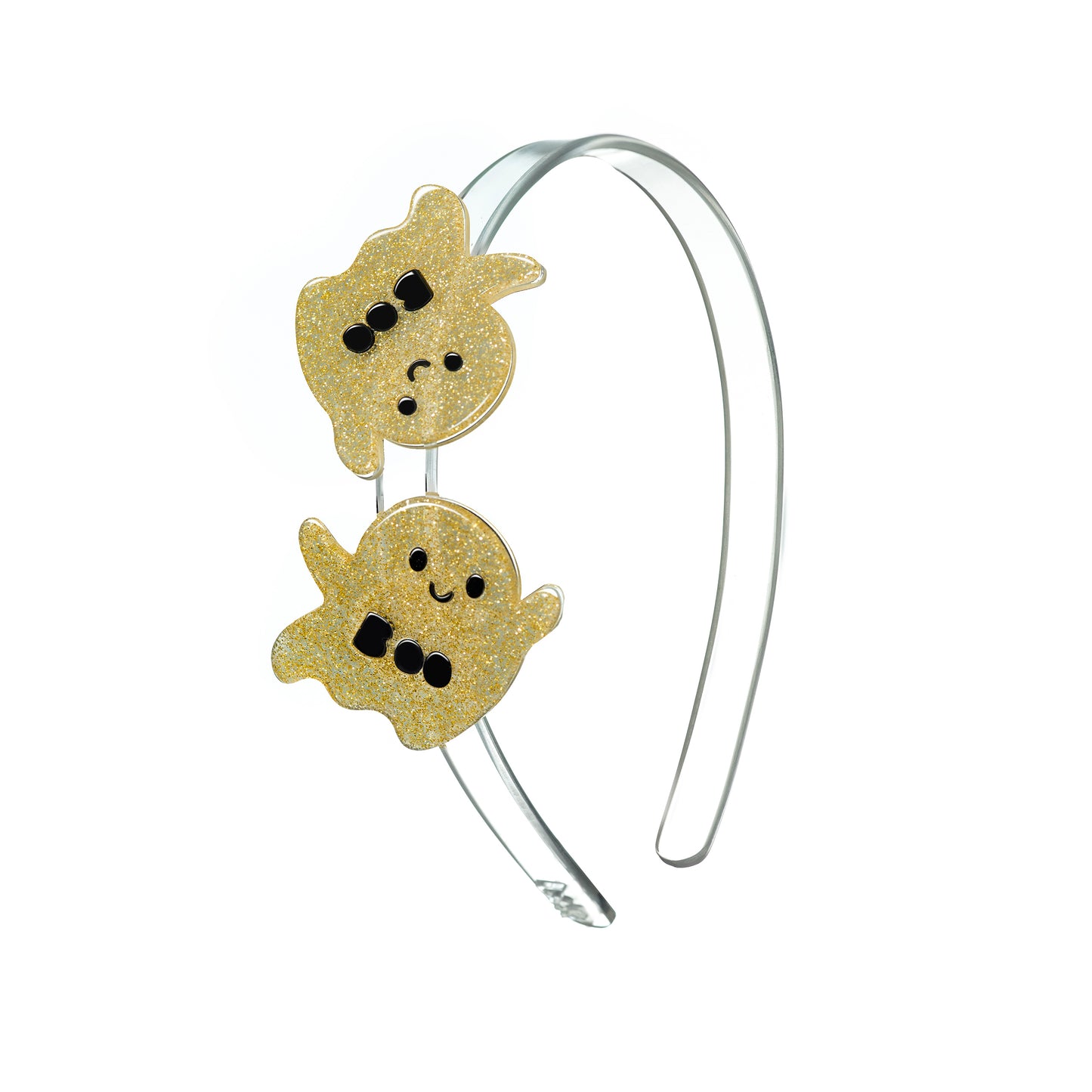 A gold-colored headband with two decorative glittery ghost shapes on it.