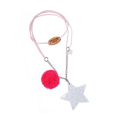 Star Glitter Silver Pink Pompom Necklace
