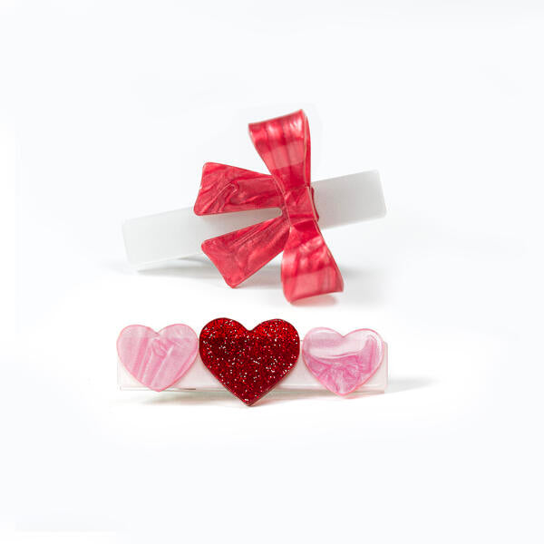 Red Glitter Pink Hearts and Red Bow Hair Clip
