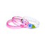 Acrylic set of 3 bracelets. One id clear pink, one is pearlized pink and the last one is clear. The clear bracelet is adorned with a purple flower, a pink flower and a blue flower between green leaves.  