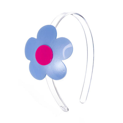 Clear acrylic headband adorned with a blue and pink oversized flower