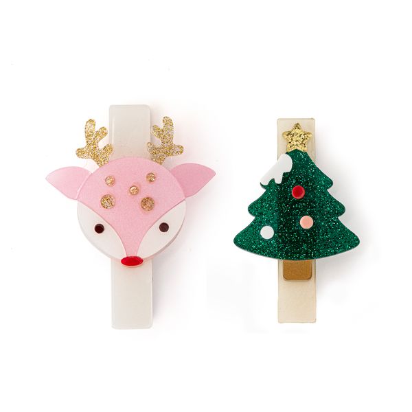 Reindeer Pink and Tree Hair Clips Lilies & Roses NY