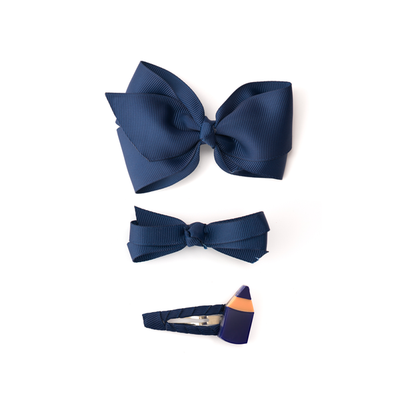 BTS - Pencil and Fabric Bows Navy Hair Clips Set