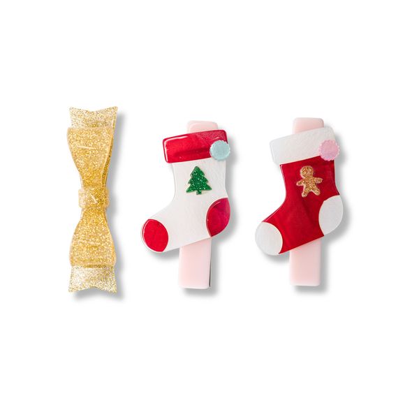 Stockings Red White and Glitter Gold Hair Clips -HOL