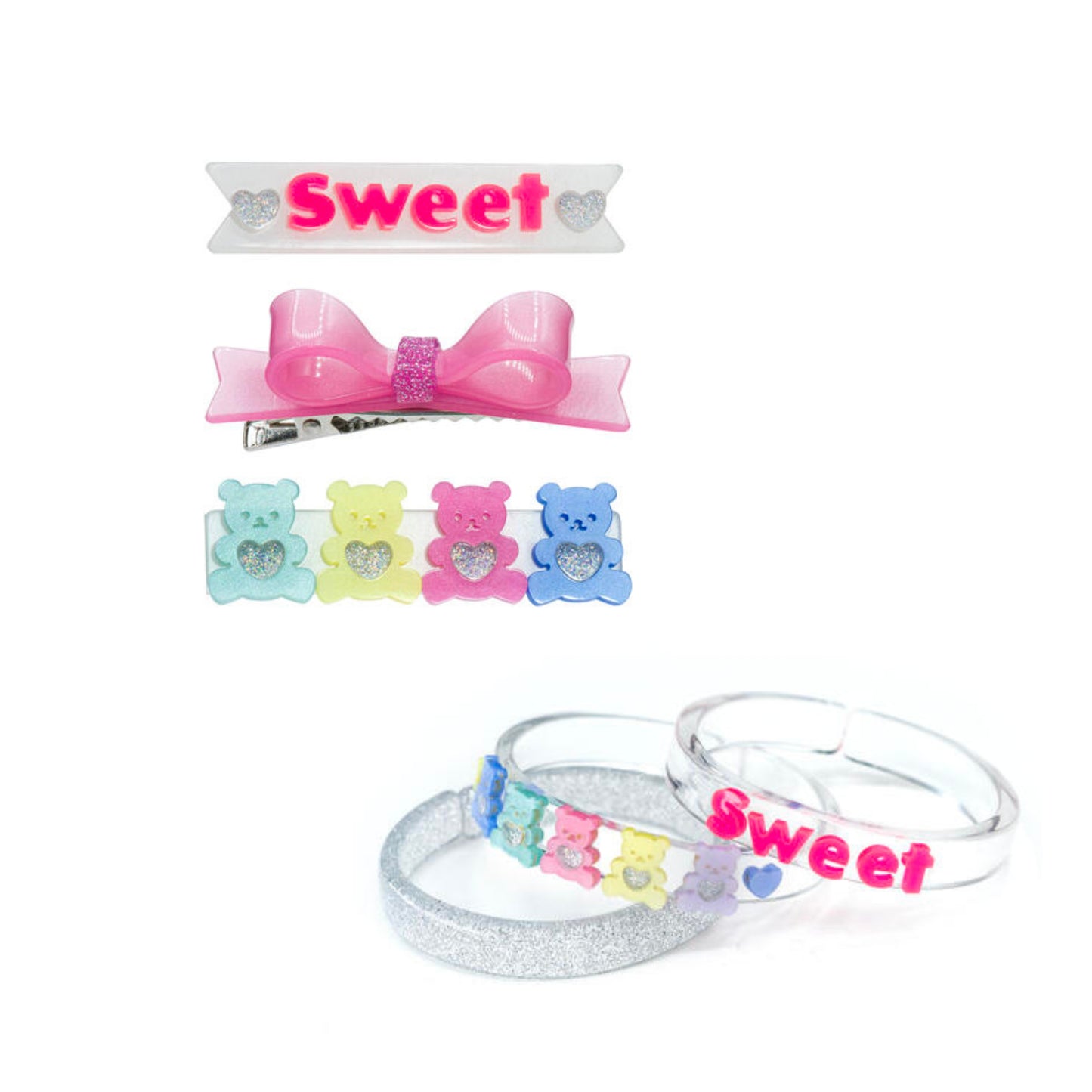 VAL24 - Sweet Bears Pearlized Hair Clips & Bangles Combo