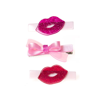Lips Kisses Glitter Red Hair Clips -VAL -  Lilies & Roses NY