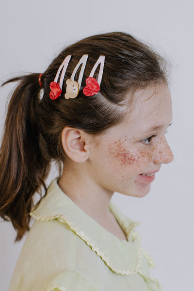 Bear with Hearts Pearlized Red Snap Clips