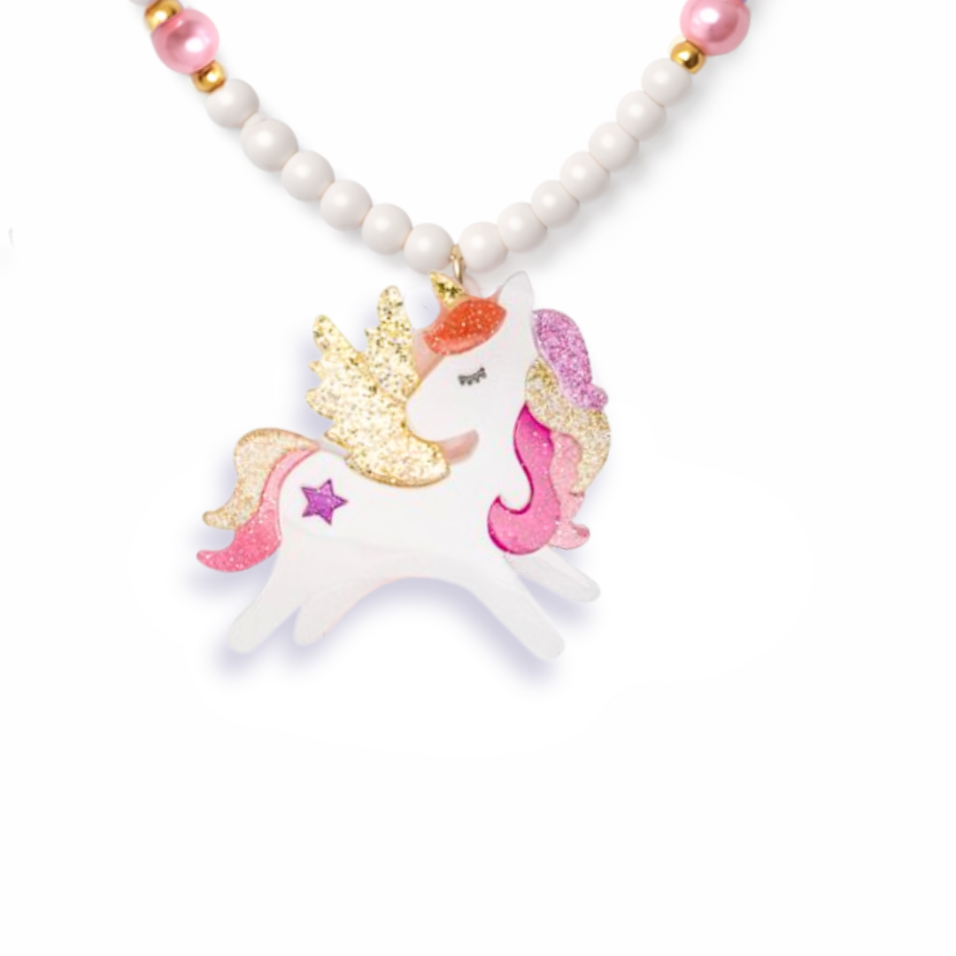 Unicorn Winged Coral Glitter Necklace -  Lilies & Roses NY