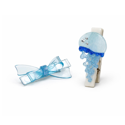 SUM - Jellyfish Blue Clear Bow Hair Clips -  Lilies & Roses NY