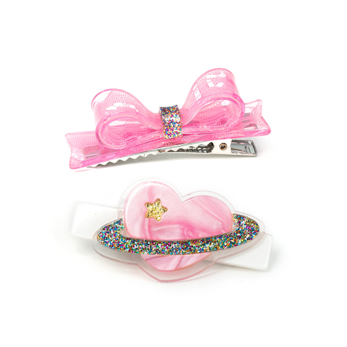 VAL24 - Heart Planet with Bow Pearlized Pink Hair Clips