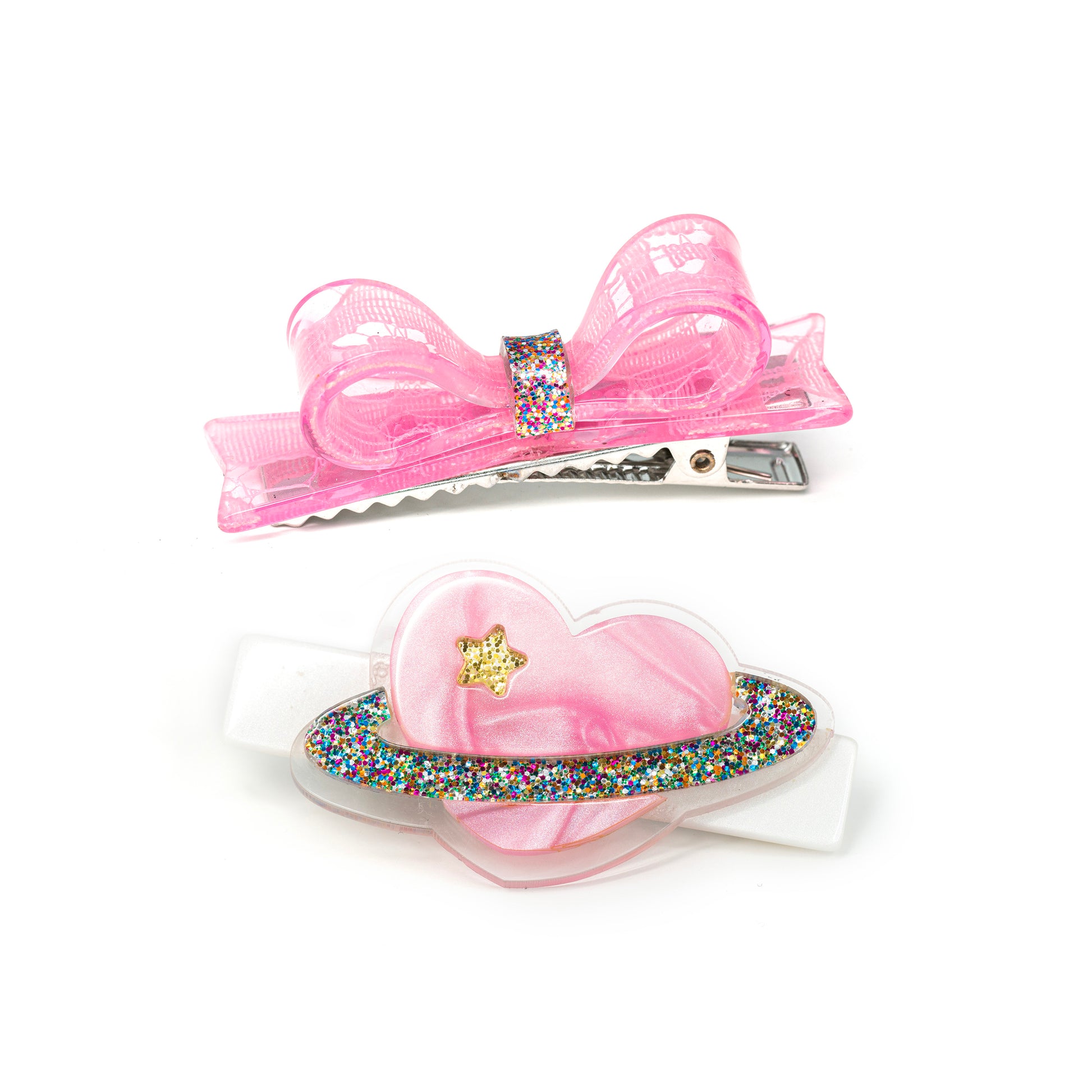 Heart Planet with Bow Pearlized Pink Hair Clips -VAL24