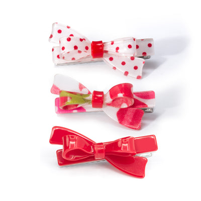 SUM25 - Bows Fabric White Red Hair Clips