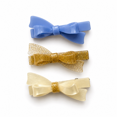 Bows Glitter Gold Blue Pearl Hair Clips