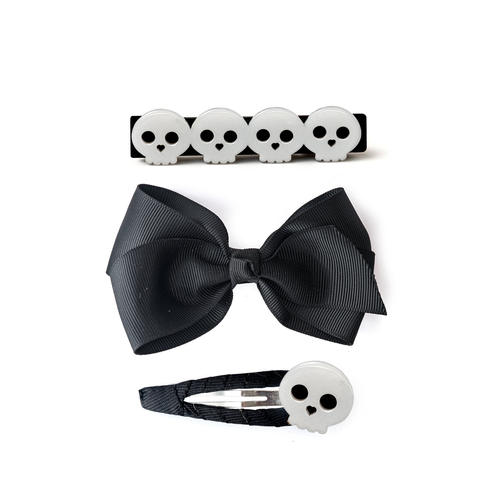 Skull and Fabric Bows Black Hair Clips Set HAL