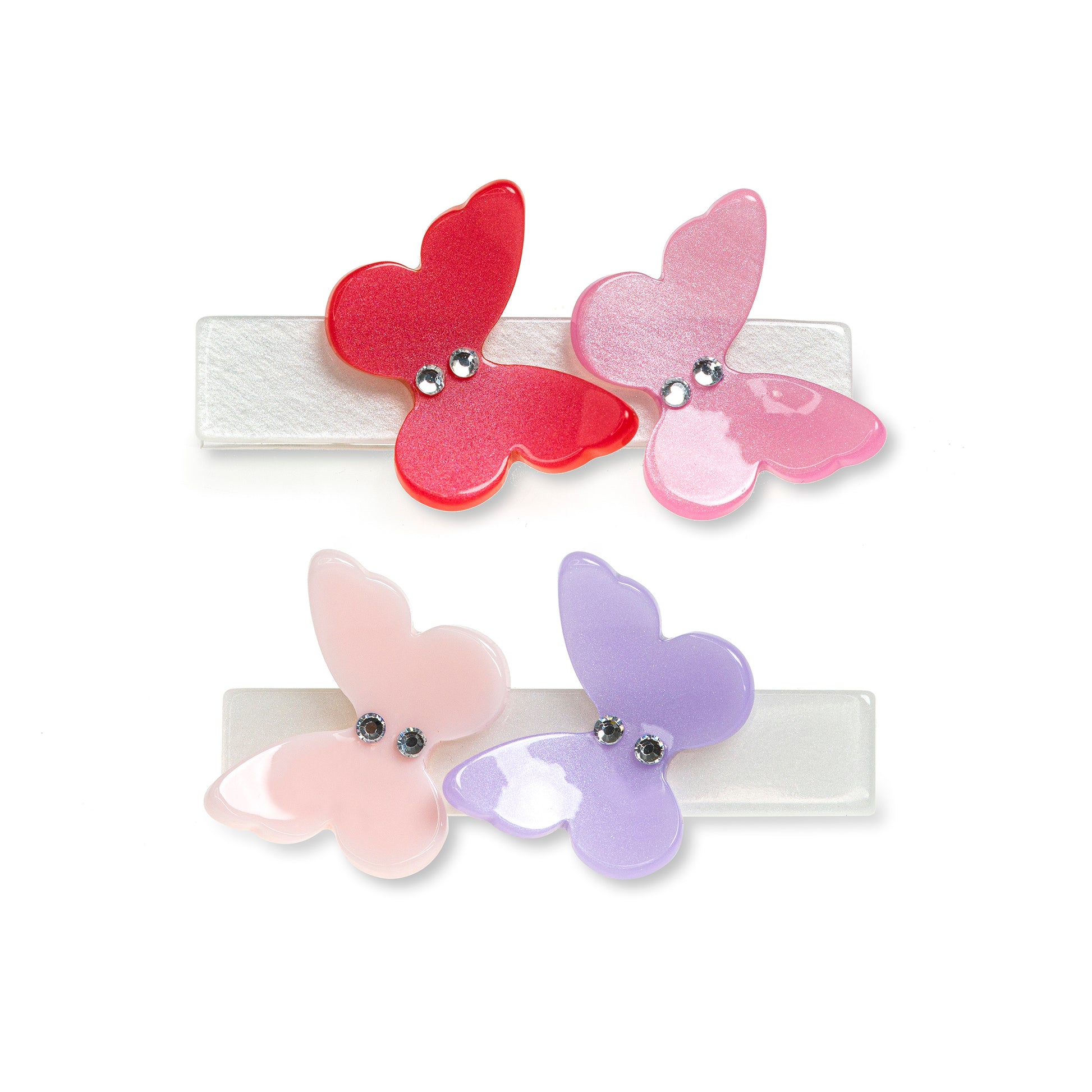 Pair of hair clips adorned with two butterflies each. 