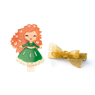 Cute Doll Green Dress & Bow Hair Clips -  Lilies & Roses NY