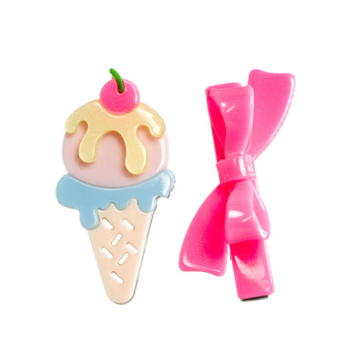 Ice Cream Cone Neon Pink Bow Hair Clips
