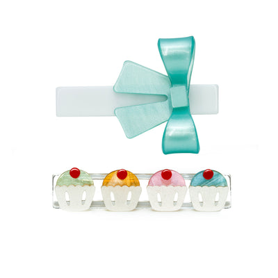 VAL24- Cupcakes & Karen Bow Pearlized Hair Clips